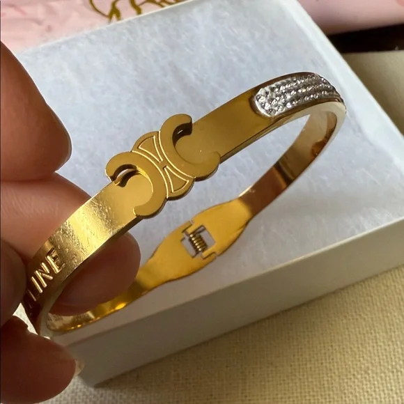 Fashion Bangle Bracelet Gold Bracelet with Silver Crystal Detail - Picture 1 of 10